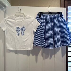 Girls Blue Gingham Skirt - White & Blue Set